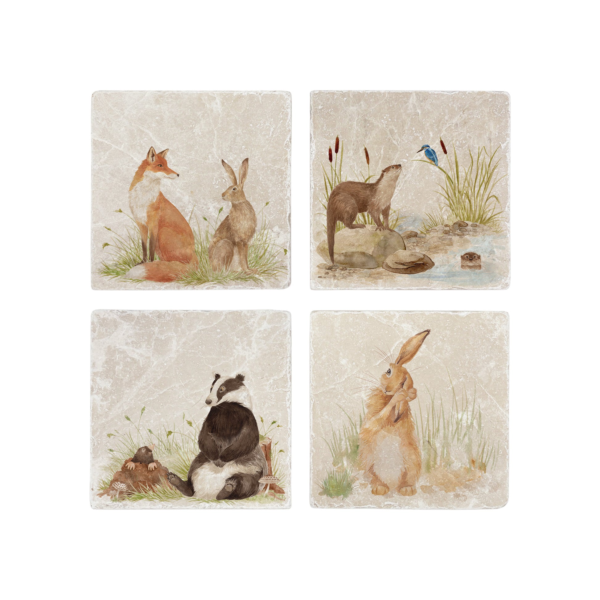 Set of four mix and match marble coasters with British wildlife watercolour designs.