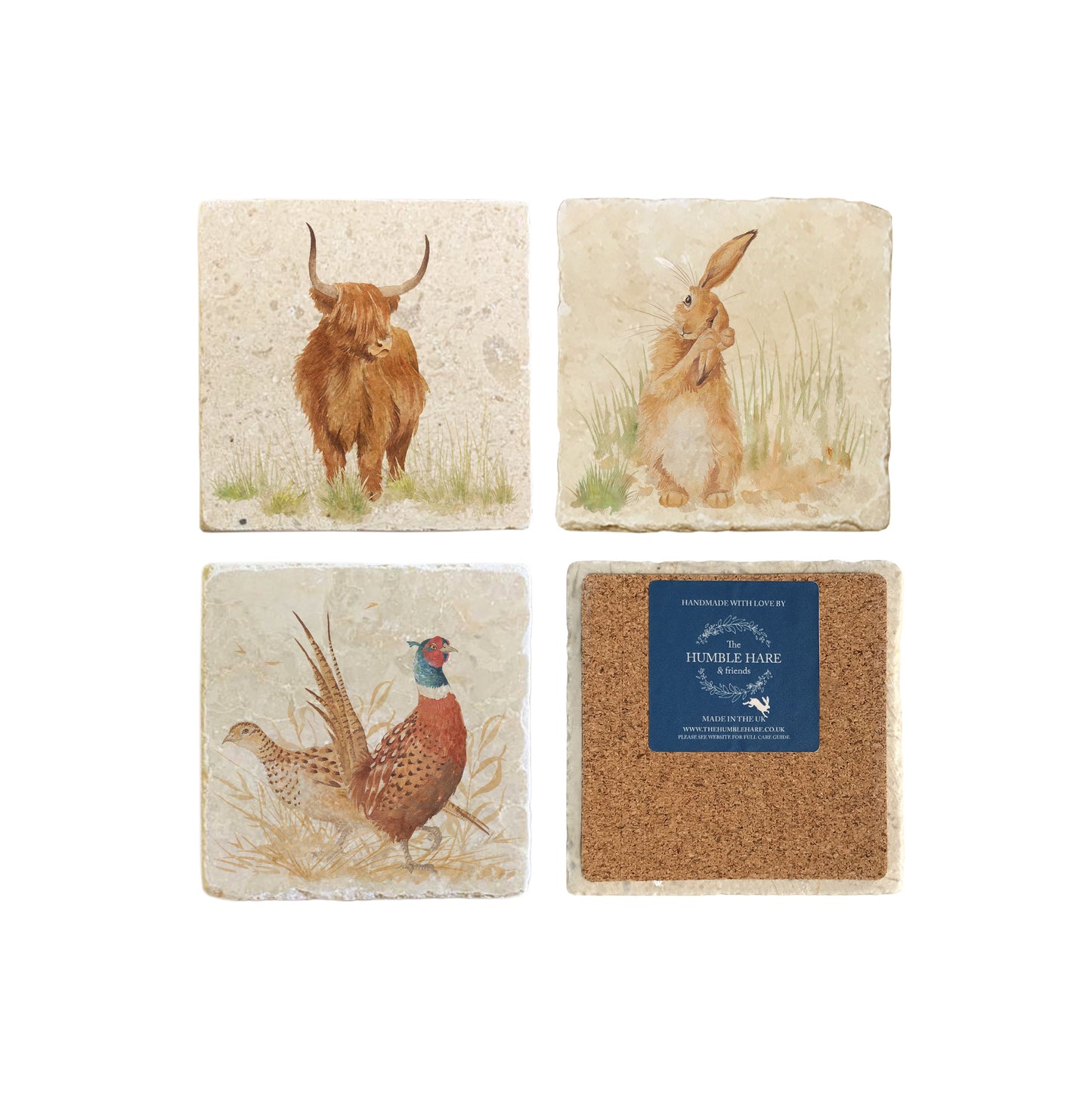 A set of 4 square marble coasters, with mix and match countryside animal designs. One coaster is flipped to show that the coasters are backed with cork.