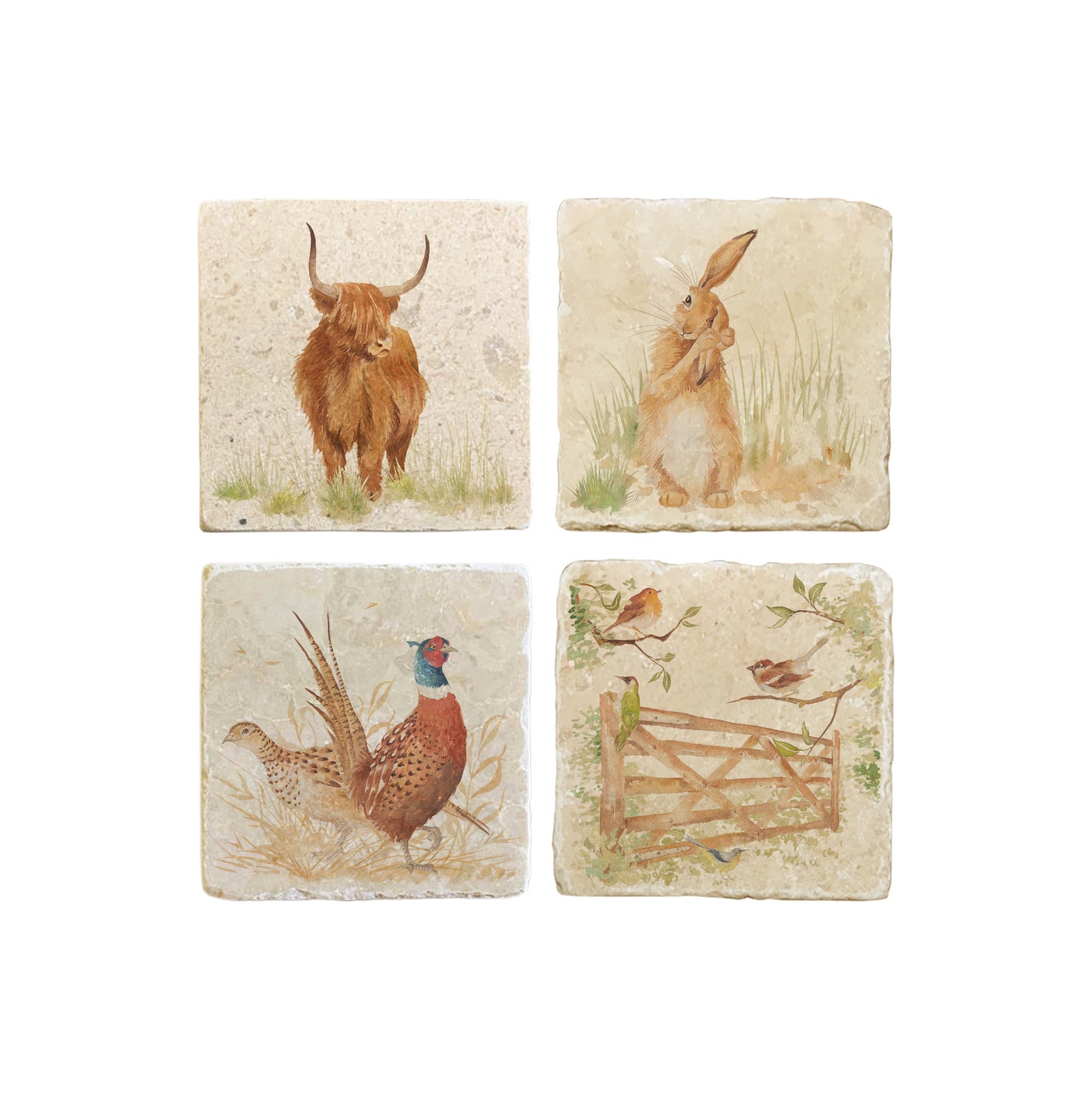 A set of 4 square marble coasters, featuring mix and match countryside animal designs. 