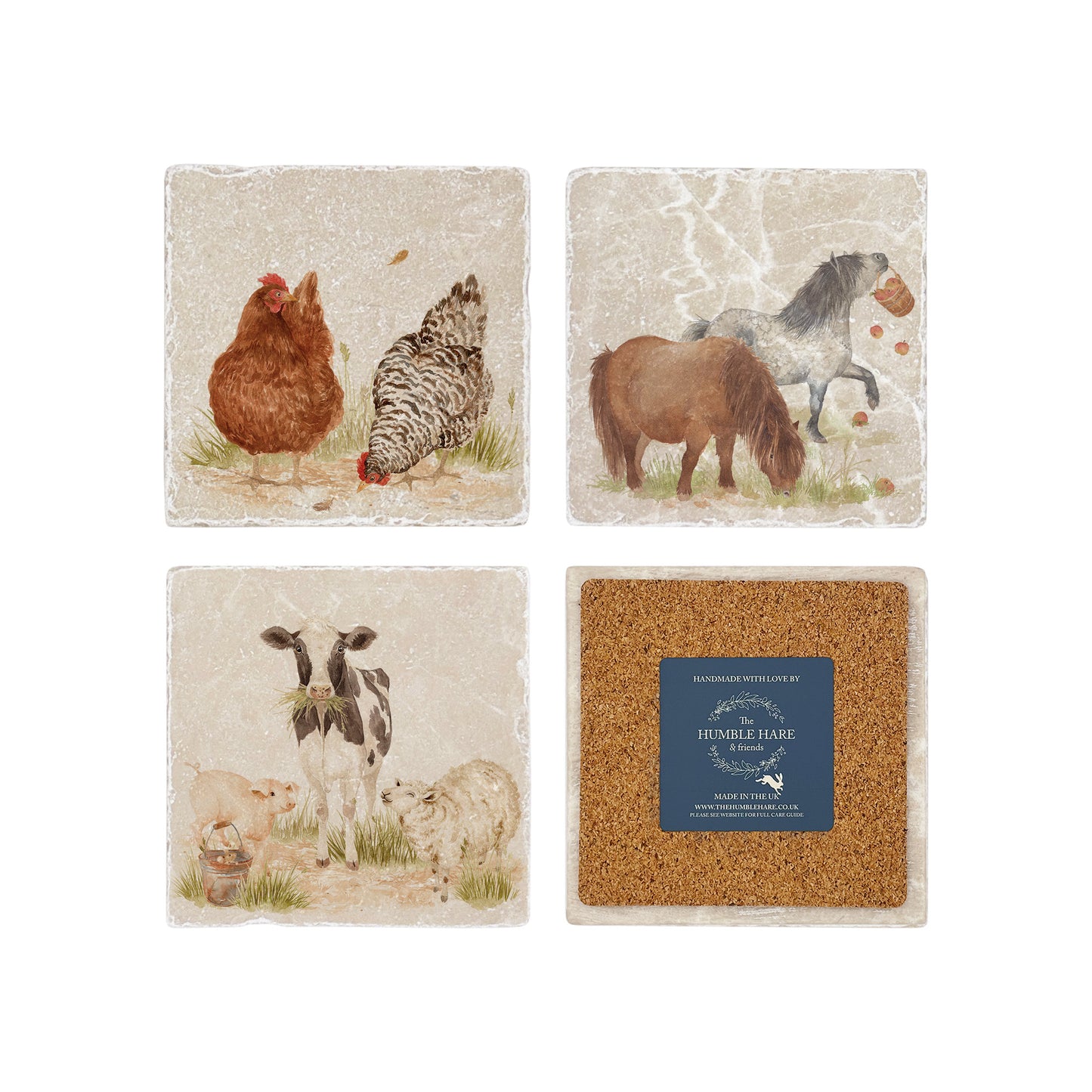 Set of four mix and match marble coasters with farm animal watercolour designs. One coaster is flipped to show it is backed with cork.