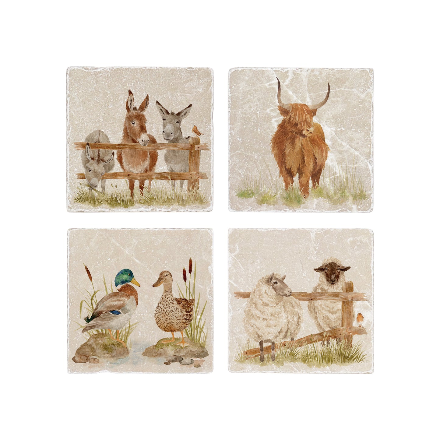 Set of four mix and match marble coasters with farm animal watercolour designs.