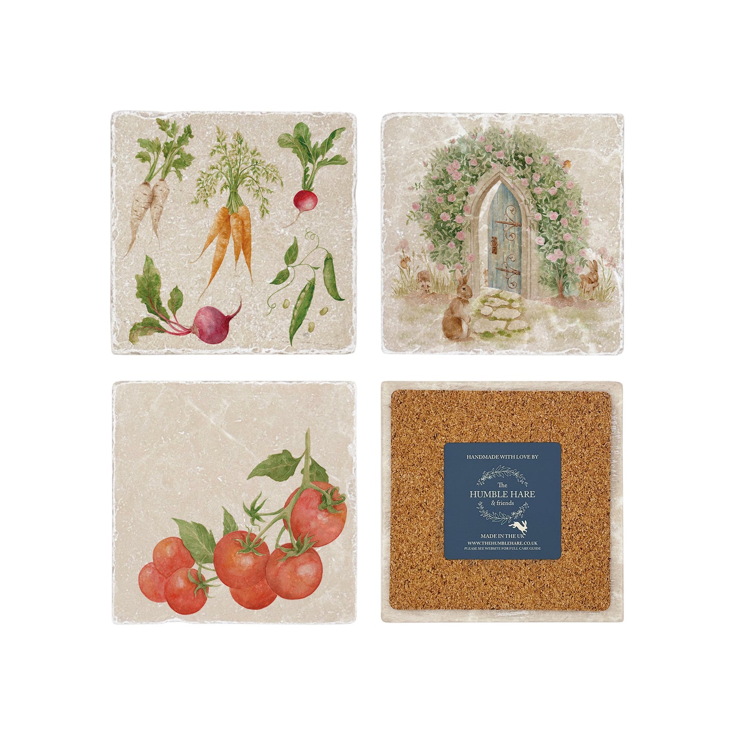 Set of four mix and match marble coasters with floral and vegetable watercolour designs. One coaster is flipped to show that it has a cork back.