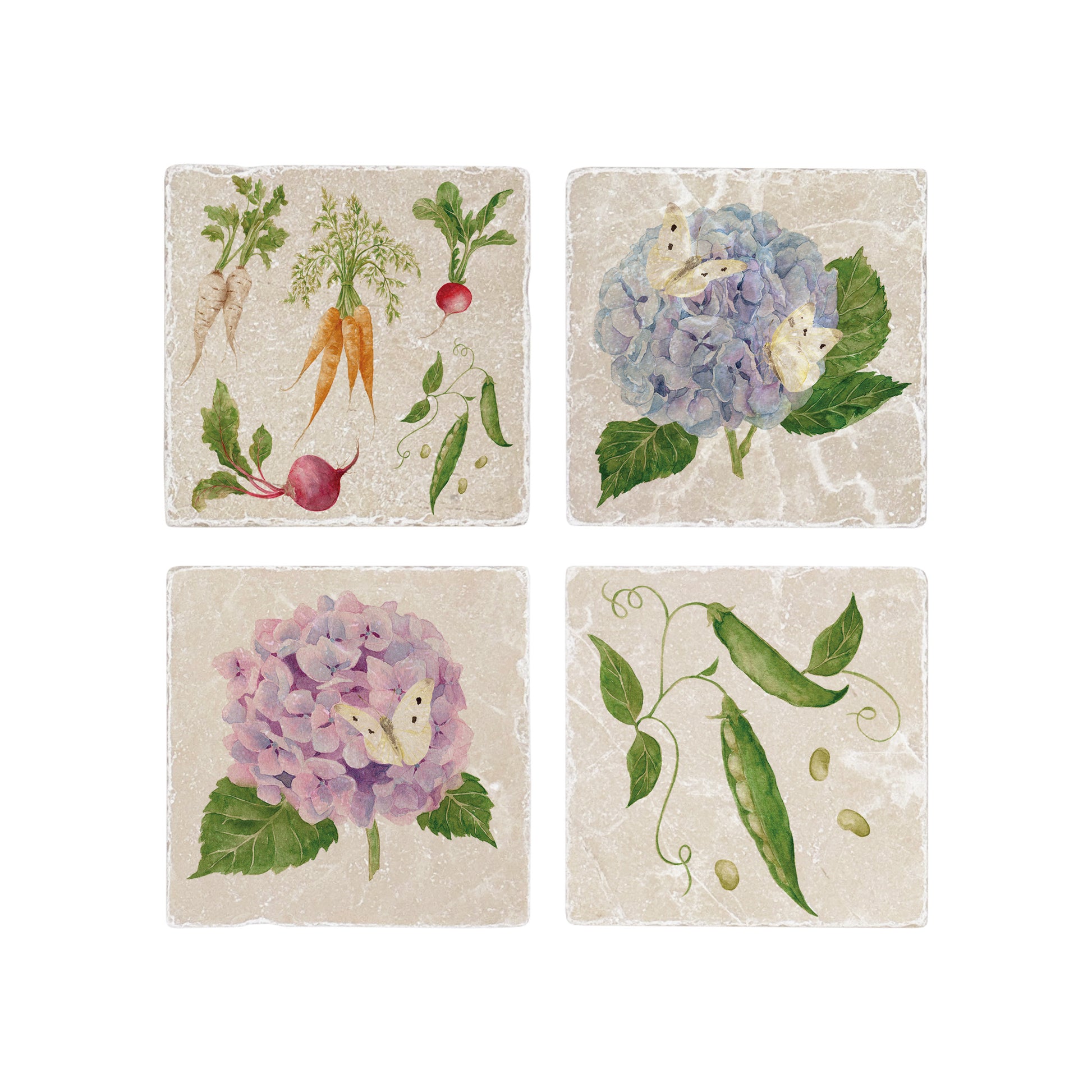 Set of four mix and match marble coasters with floral and vegetable watercolour designs.