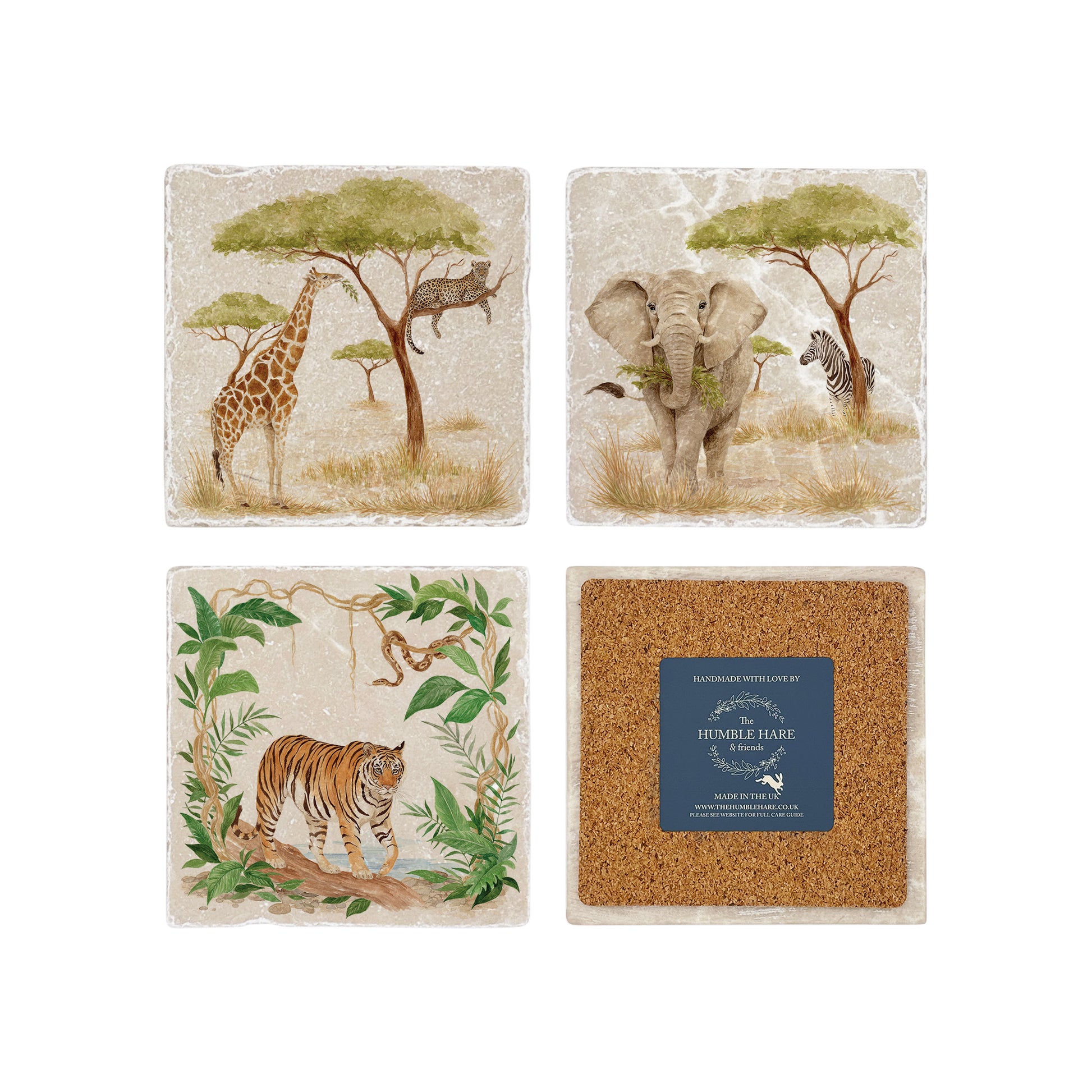 Set of four mix and match marble coasters with wild animal rainforest and savannah watercolour designs. One coaster is flipped to show the cork back.