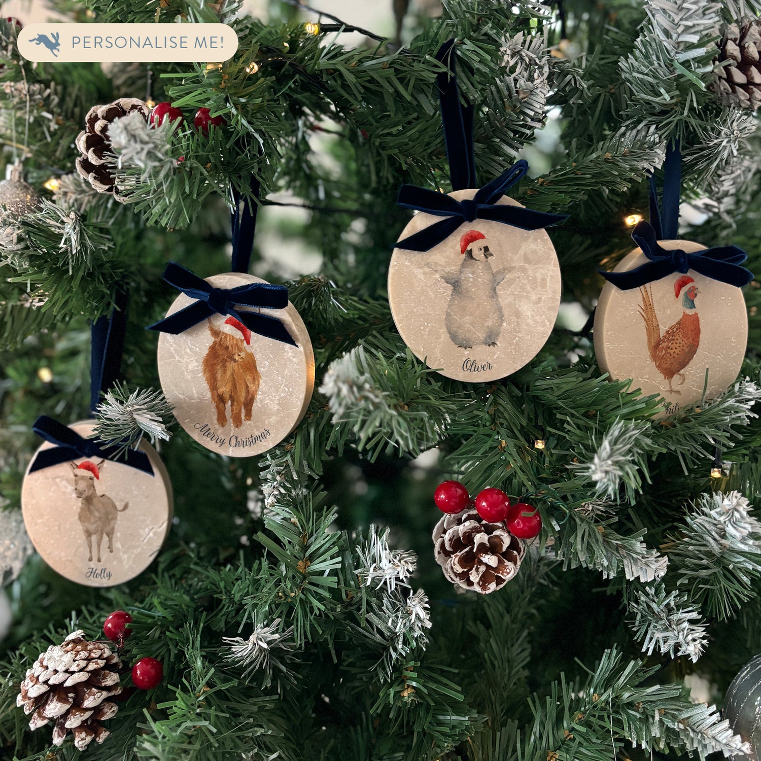 Add an elegant touch to your festive décor with our handcrafted oval-shaped marble bauble sets. Featuring beautiful watercolour designs of countryside animals and finished with a velvet ribbon in your choice of colour, these baubles can be personalised to reflect your unique style.