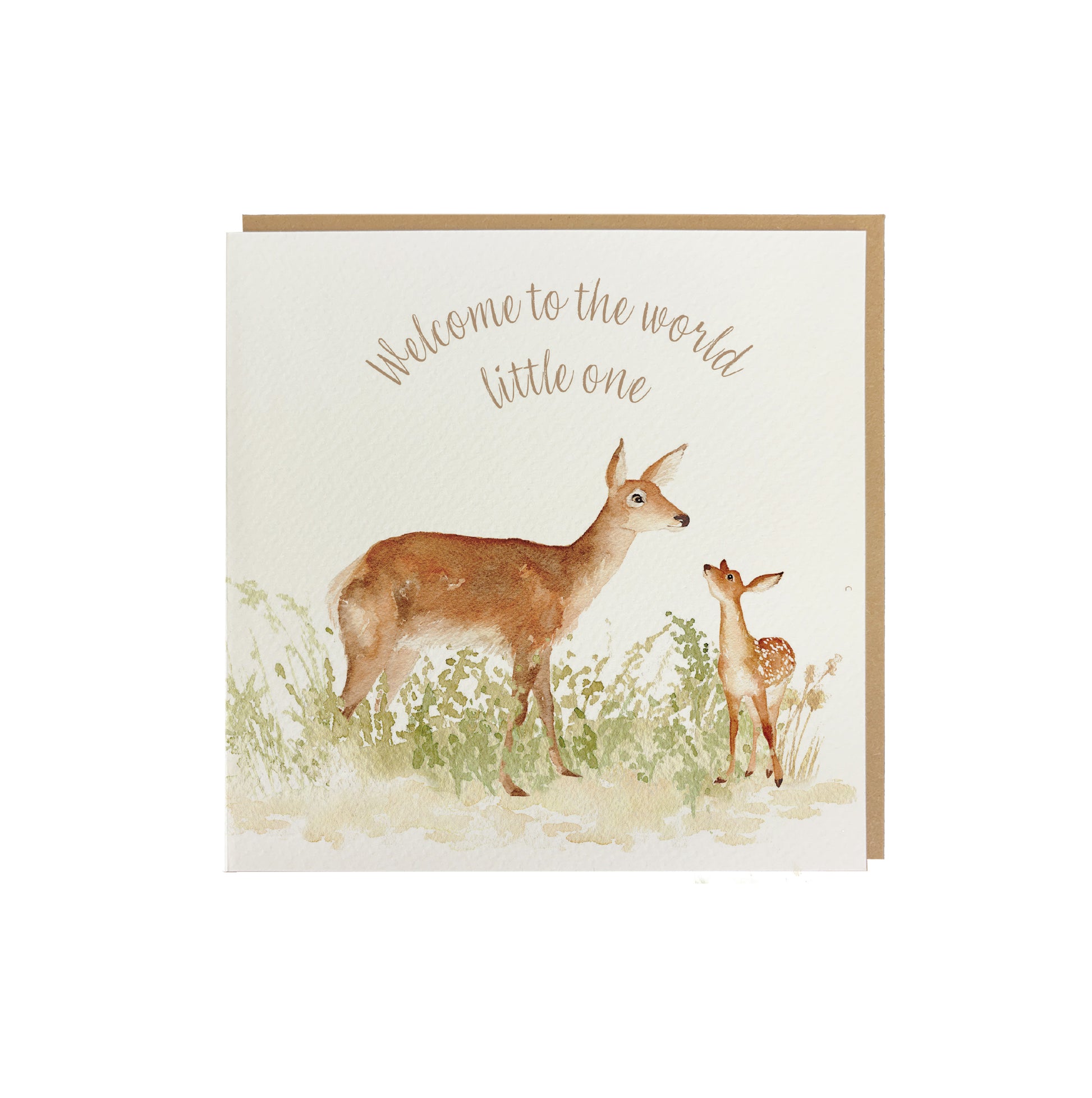 A greetings card reading Welcome to the World Little One in brown text above a red deer doe and baby fawn in a watercolour style. The card has a recyclable brown kraft envelope behind it.