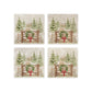 Set of four square coasters featuring a rustic Christmas scene with mice playing on a wooden gate, green wreath, red bow, snowy pine trees, and a small cottage.