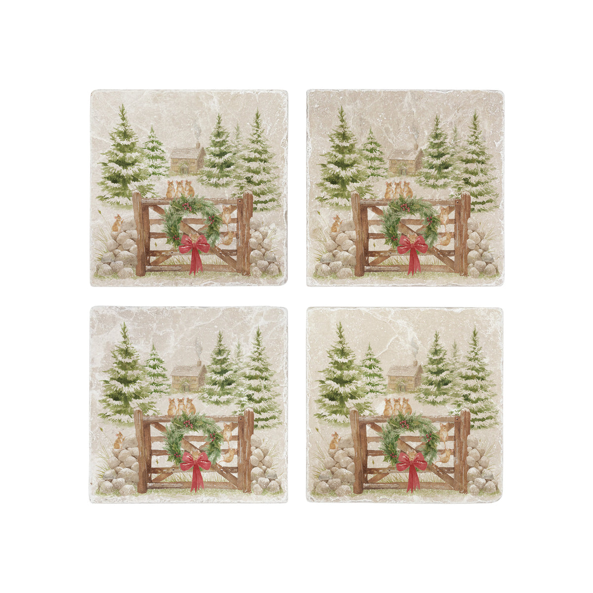 Set of four square coasters featuring a rustic Christmas scene with mice playing on a wooden gate, green wreath, red bow, snowy pine trees, and a small cottage.