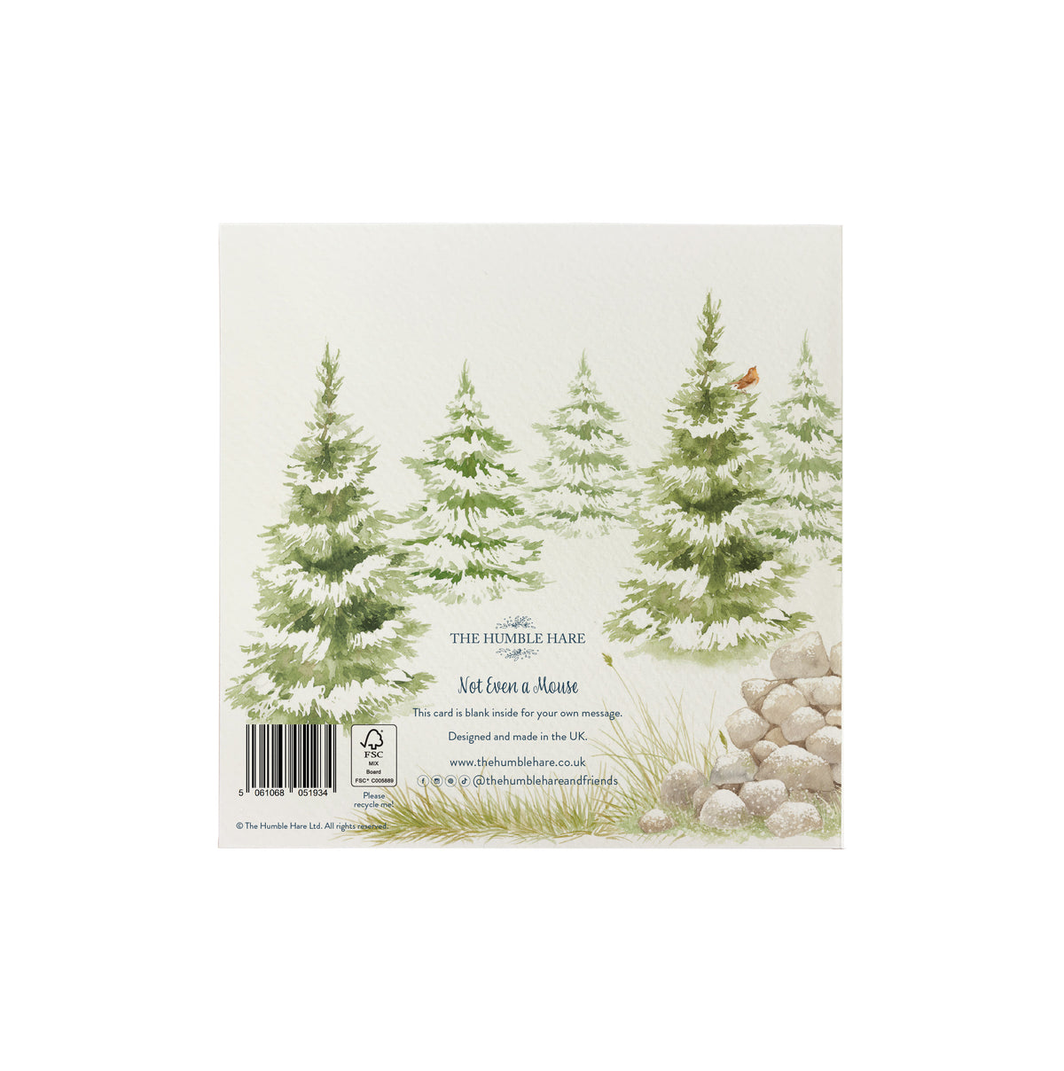 The back of a square Christmas card featuring an illustration of four snow-dusted evergreen trees, a robin, and a pile of stones on an off-white background. 