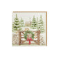 A square greeting card featuring a rustic winter landscape illustration with mice on a wooden fence, green wreath, red bow, evergreen trees, a stone wall, and a cabin in the background, shown on a white studio background.