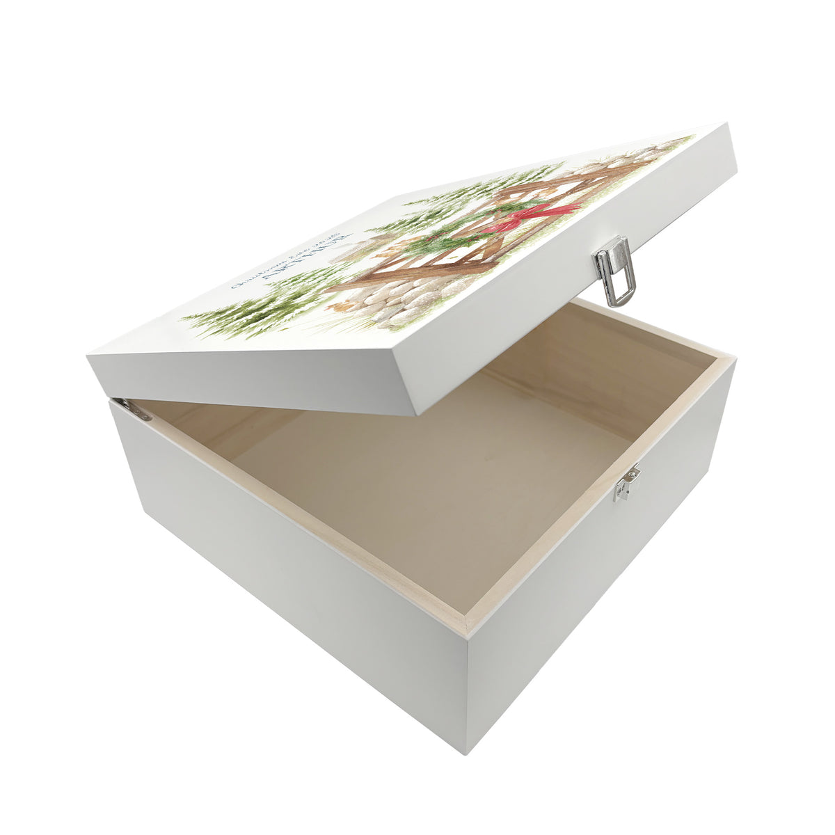 A white wooden Christmas Eve gift box with a winter scene of mice playing on a cottage gate in a snowy forest watercolour illustration, the box is personalised with a name and Merry Christmas phrase.