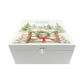 The front of a white wooden Christmas Eve gift box with a winter scene of mice playing on a cottage gate in a snowy forest watercolour illustration, the box is personalised with a name and Merry Christmas phrase.