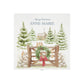 The top of a white wooden Christmas Eve gift box with a winter scene of mice playing on a cottage gate in a snowy forest watercolour illustration, the box is personalised with a name and Merry Christmas phrase.