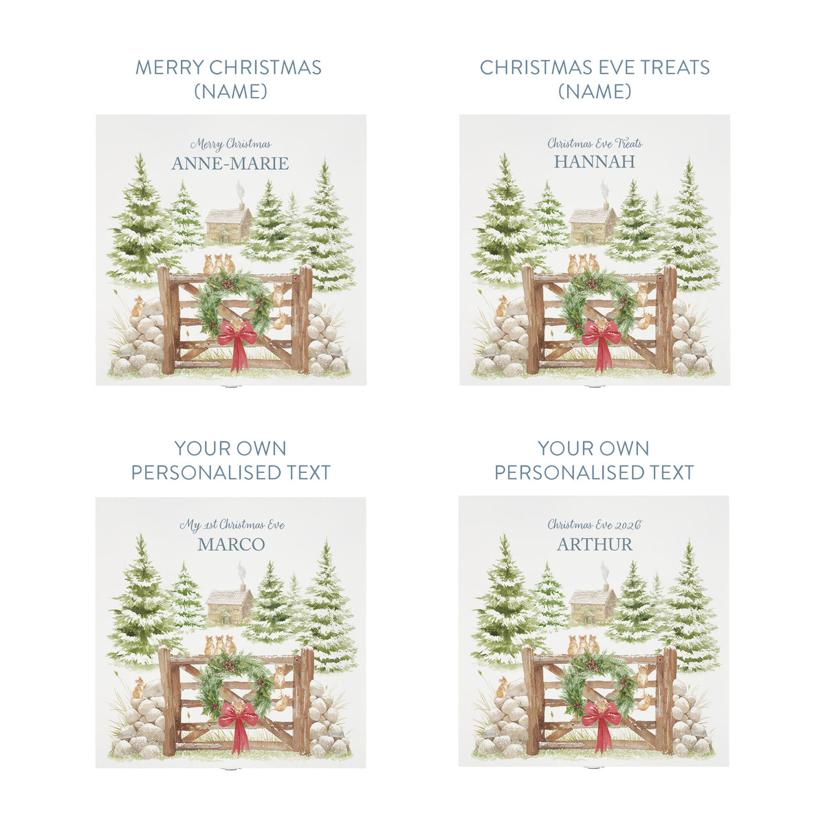 Phrase options for a personalised white wooden Christmas Eve gift box with a winter scene of mice playing on a cottage gate in a snowy forest watercolour illustration, the box is personalised with a name and Merry Christmas phrase.