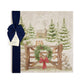 A large square marble platter with a watercolour winter forest scene featuring mice playing on the cottage gate. The platter is wrapped with a dark blue bow and paper tag.