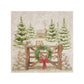 A large square marble platter with a watercolour winter forest scene featuring mice playing on the cottage gate. 