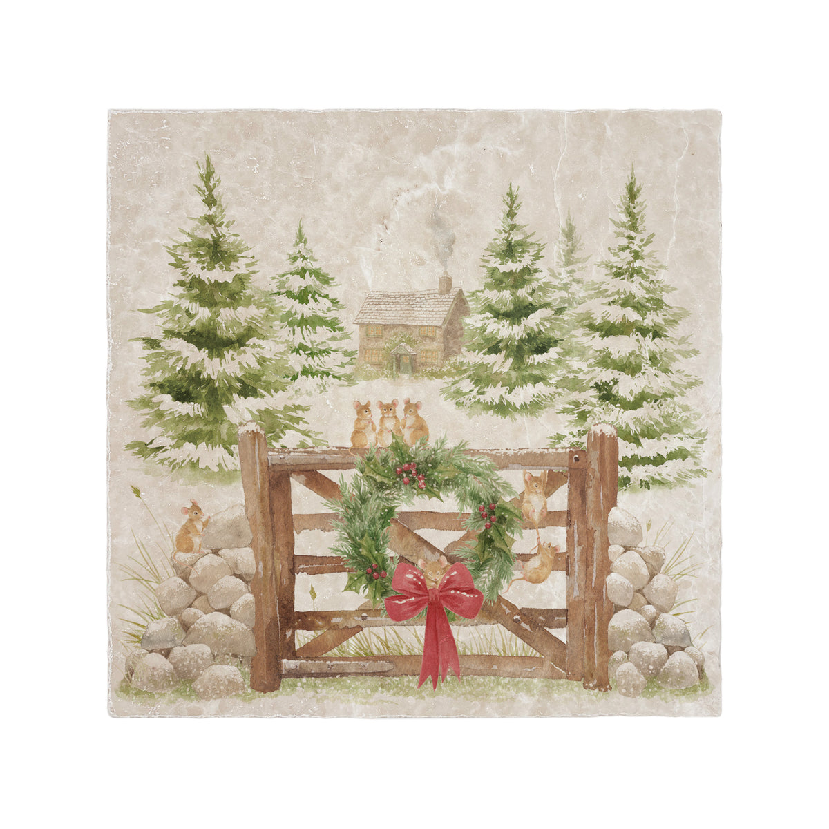 A large square marble platter with a watercolour winter forest scene featuring mice playing on the cottage gate. 