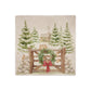 A square medium marble platter featuring a winter landscape watercolour illustration with snow-covered evergreen trees, a small cabin, mice playing on a wooden gate, a green wreath, and a red bow, shown on a plain white background.