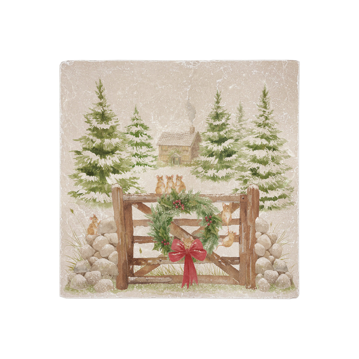 A square medium marble platter featuring a winter landscape watercolour illustration with snow-covered evergreen trees, a small cabin, mice playing on a wooden gate, a green wreath, and a red bow, shown on a plain white background.