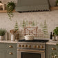 Bespoke decorative marble splashback for a luxury country kitchen, countryside animals featuring mice and a Robin sat on the Garden Gate. 