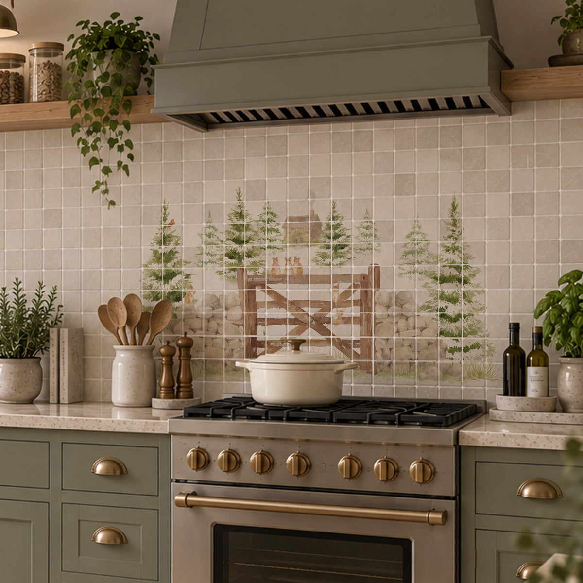 Bespoke decorative marble splashback for a luxury country kitchen, countryside animals featuring mice and a Robin sat on the Garden Gate. 