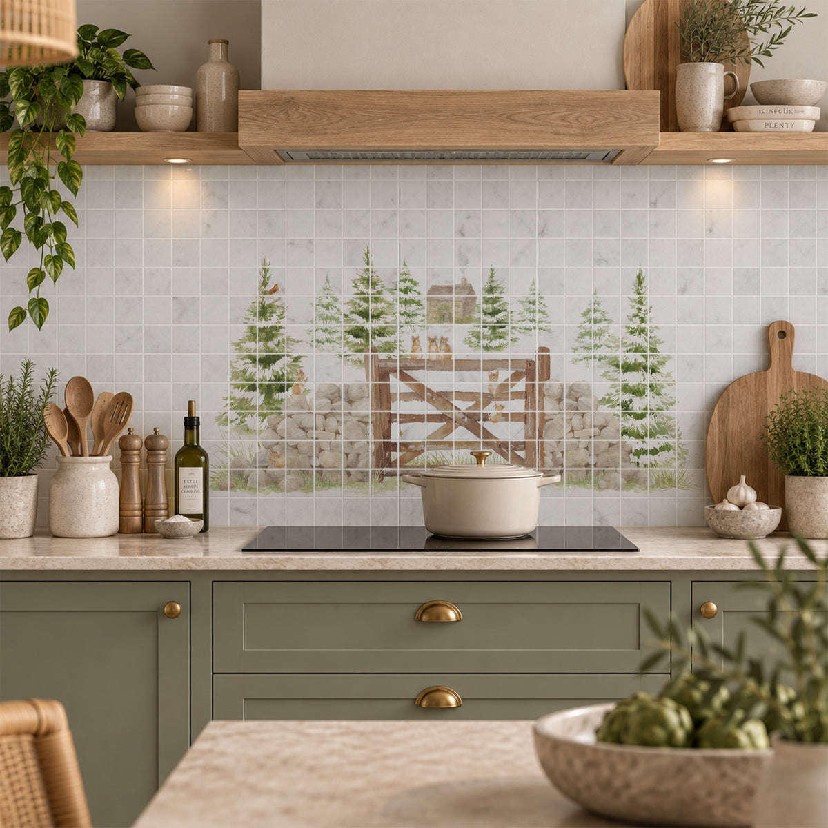 Bespoke decorative marble splashback for a luxury country kitchen, countryside animals featuring mice and a Robin sat on the Garden Gate. 