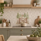 Bespoke decorative marble splashback for a luxury country kitchen, countryside animals featuring mice and a Robin sat on the Garden Gate. 