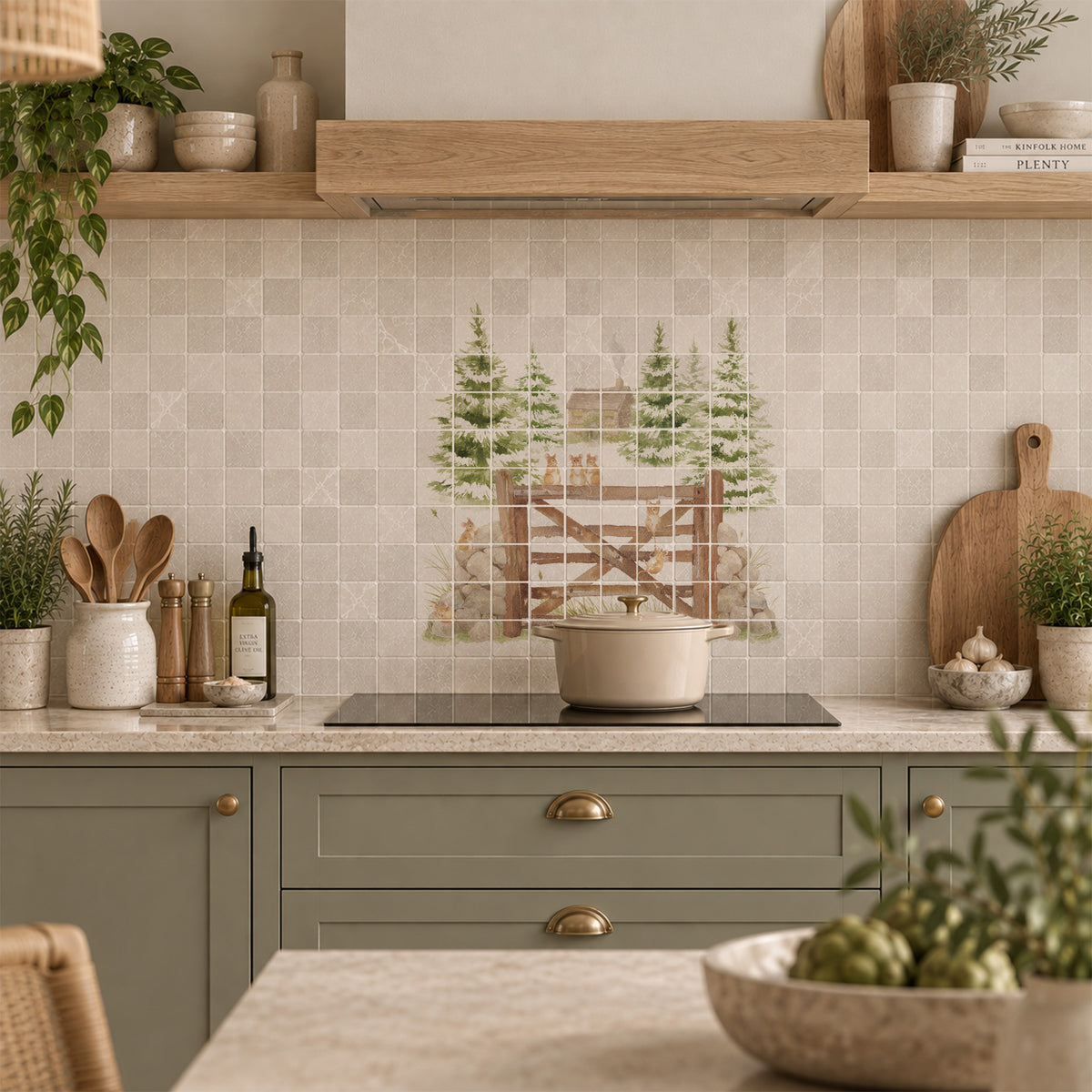 Bespoke decorative marble splashback for a luxury country kitchen, countryside animals featuring mice and a Robin sat on the Garden Gate. 