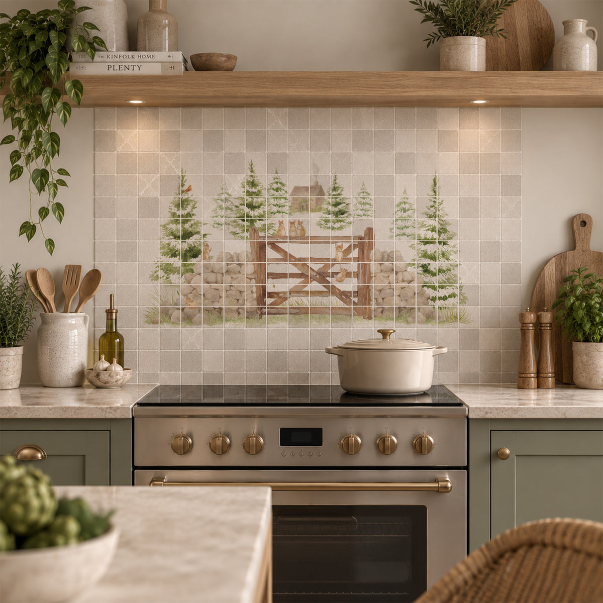 A kitchen backsplash featuring a square mosaic tile design with a central printed scene of a rustic wooden fence, green pine trees, and a small cabin. The backsplash is installed above a stainless steel gas range, flanked by sage green cabinets, marble countertops, and styled with kitchen plants and wooden decor.