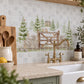 Bespoke decorative marble splashback for a luxury country kitchen, countryside animals featuring mice and a Robin sat on the Garden Gate. 