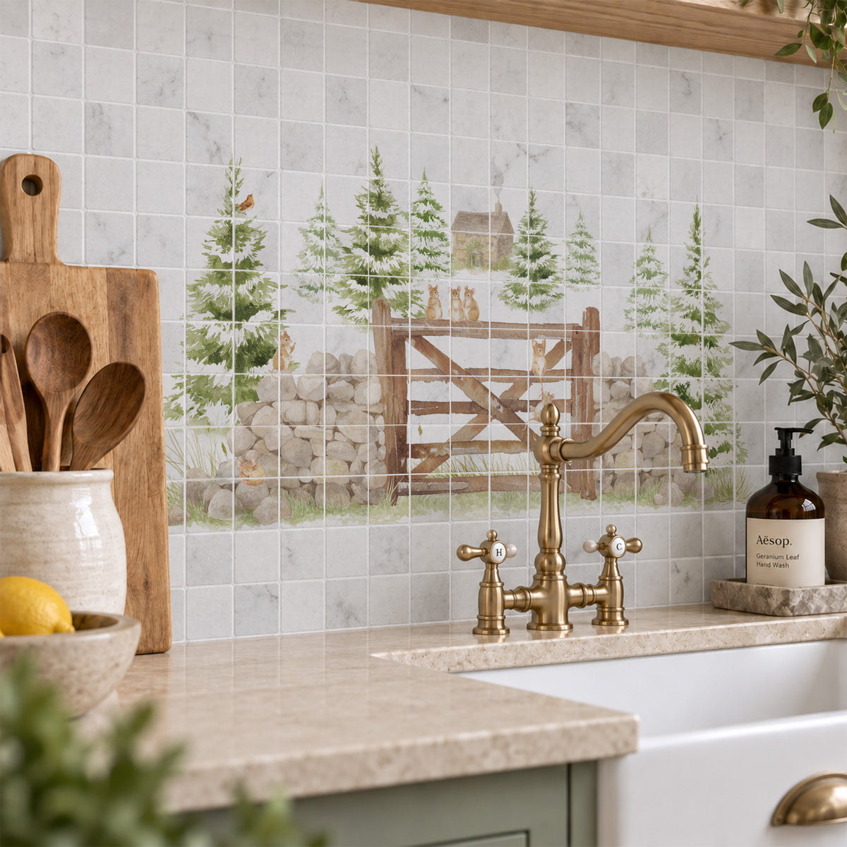 Bespoke decorative marble splashback for a luxury country kitchen, countryside animals featuring mice and a Robin sat on the Garden Gate. 