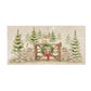 A rectangular marble sharing platter featuring a rustic winter forest scene with mice playing on a wooden gate, green wreath, red bow, stone wall, evergreen trees, and a small cabin.