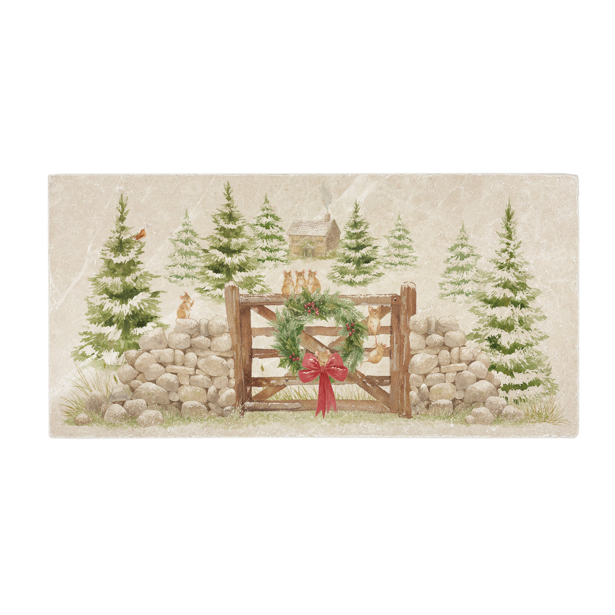 A rectangular marble sharing platter featuring a rustic winter forest scene with mice playing on a wooden gate, green wreath, red bow, stone wall, evergreen trees, and a small cabin.