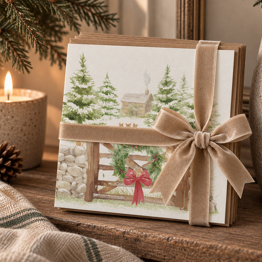 A pack of Christmas greetings cards featuring a winter scene with mice playing on a gate decorated with a wreath and red bow. The Pack of 6 cards is tied with a champagne gold velvet bow.