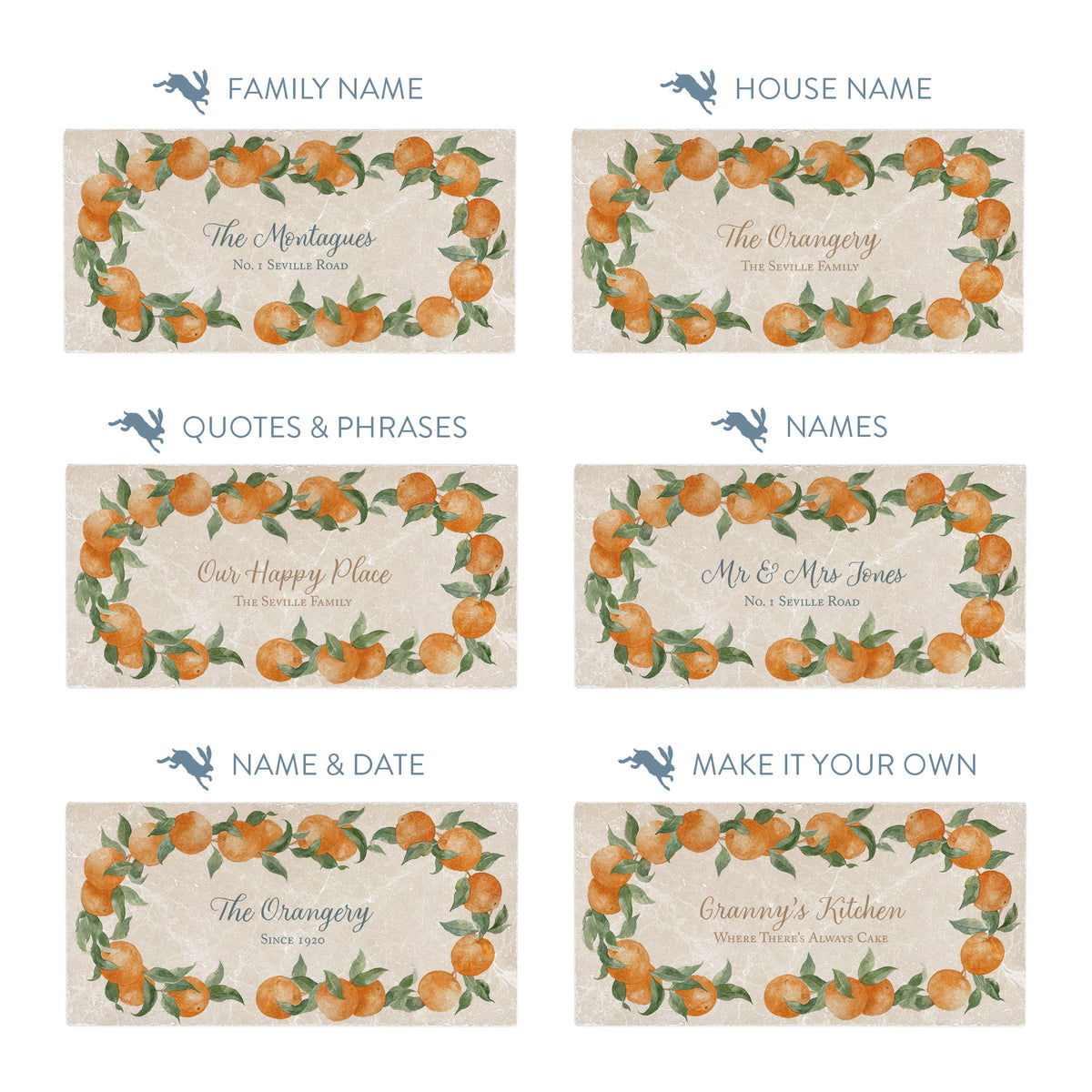 Six rectangular personalised marble options each decorated with an orange and green citrus wreath border. Above each card is blue text reading a customization option: Family Name, House Name, Quotes & Phrases, Names, Name & Date, and Make It Your Own.