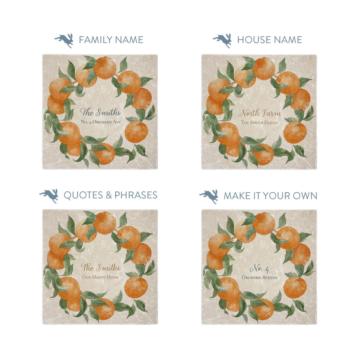 Orange Wreath personalised wall tile, make it your own with your own text. 