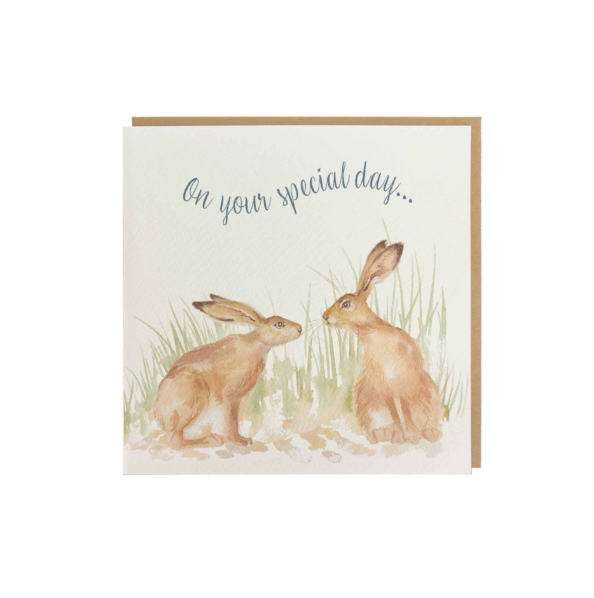 A greetings card reading On Your Special Day in dark blue text above a hare couple in a watercolour style. The card has a recyclable brown kraft envelope behind it.