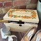 A beautiful Large Orange Wreath Charming wedding & Anniversary  keepsake box with custom names and delicate watercolour fruit artwork on a smooth pine wood finish. The perfect unique personalised gift box.