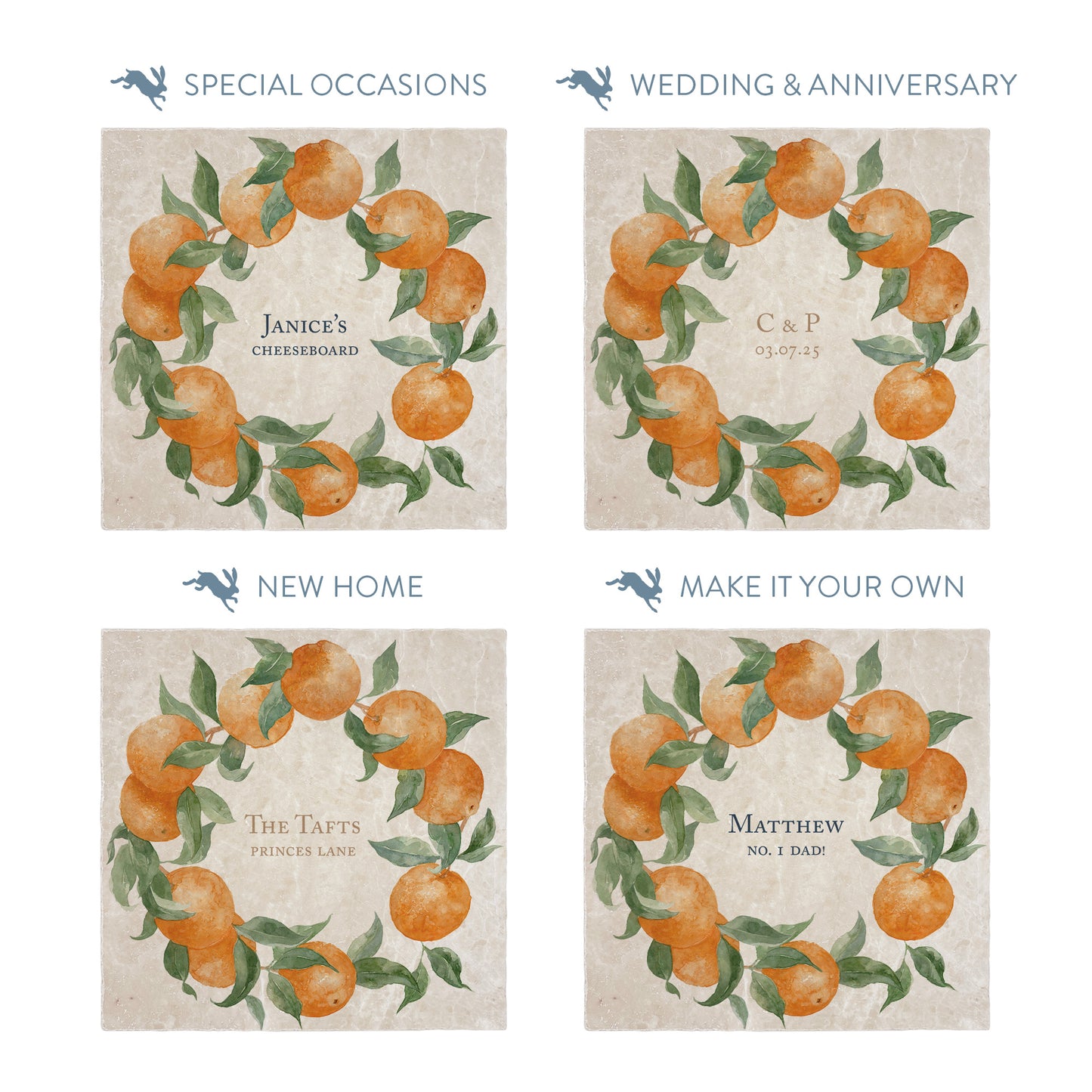 Collection of large marble platters showing the personalisation options available for all occasions including birthdays, weddings, anniversaries and new home gifts.