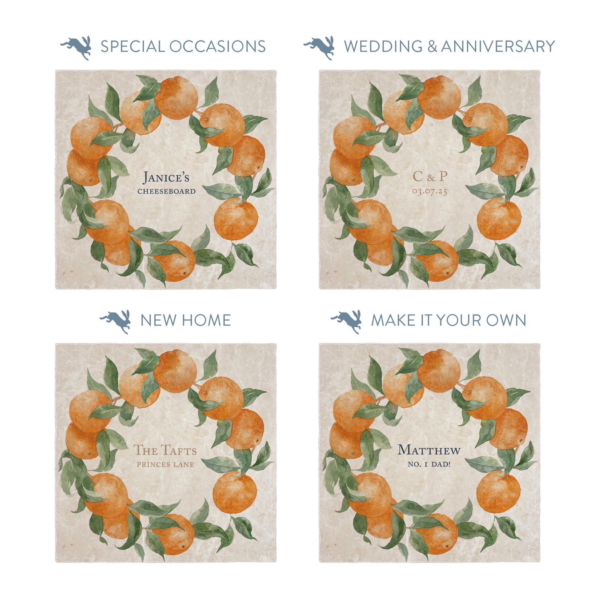 Collection of large marble platters showing the personalisation options available for all occasions including birthdays, weddings, anniversaries and new home gifts.