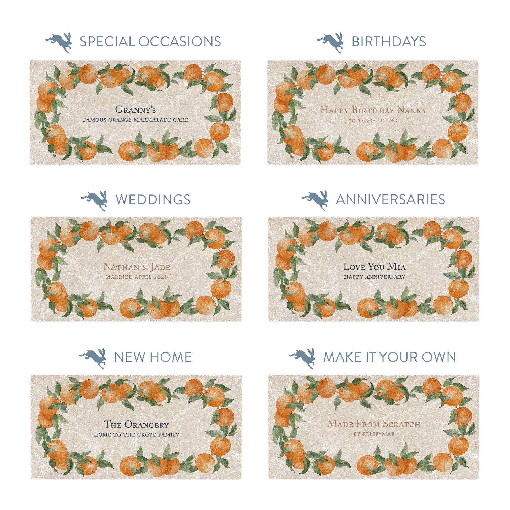 Collection of marble sharing platters showing the personalisation options available for all occasions including birthdays, weddings, anniversaries and new home gifts.