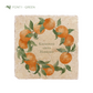 A medium marble platter featuring a wreath of oranges and leaves, personalised with the bespoke message ‘Katherine Loves Harrison’ in the centre of the platter in a green font.