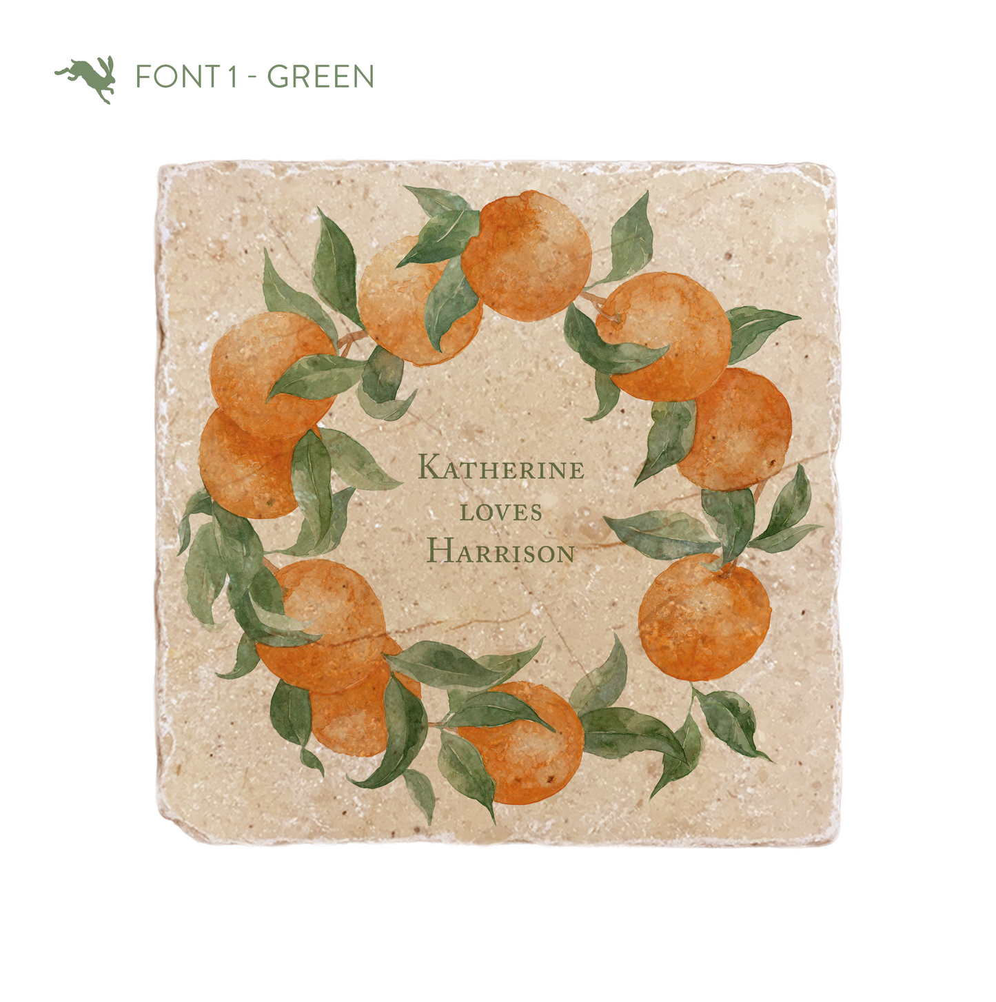 A medium marble platter featuring a wreath of oranges and leaves, personalised with the bespoke message ‘Katherine Loves Harrison’ in the centre of the platter in a green font.