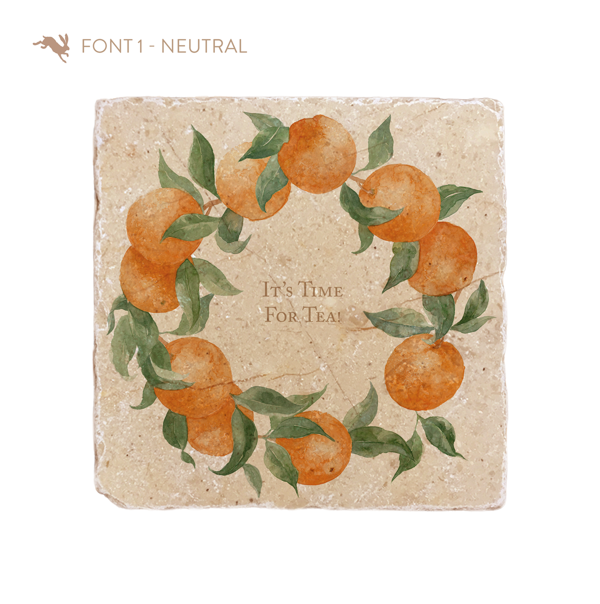 A medium marble platter featuring a wreath of oranges and leaves, personalised with the bespoke message ‘It’s Time For Tea!’ in the centre of the platter in a neutral font.