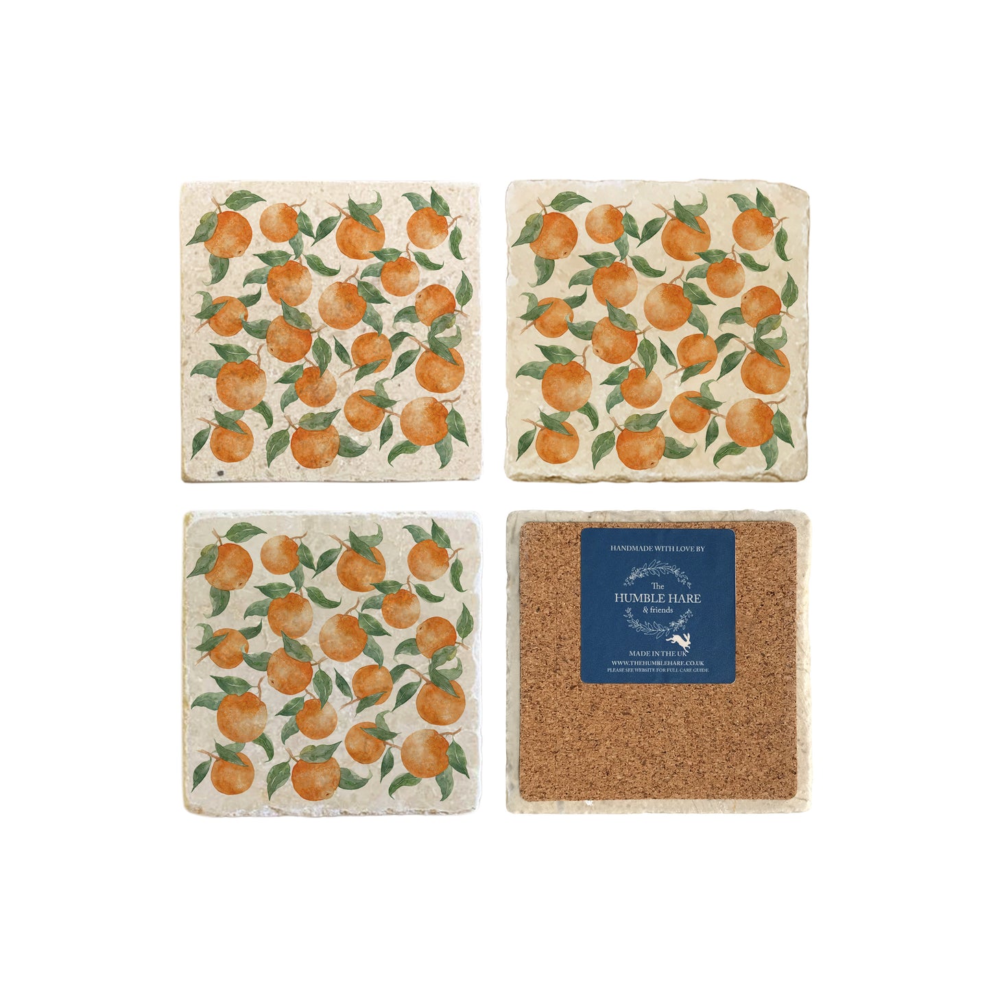 A set of 4 square marble coasters, featuring a maximalist watercolour orange pattern. One coaster is flipped to show that the coasters are backed with cork.