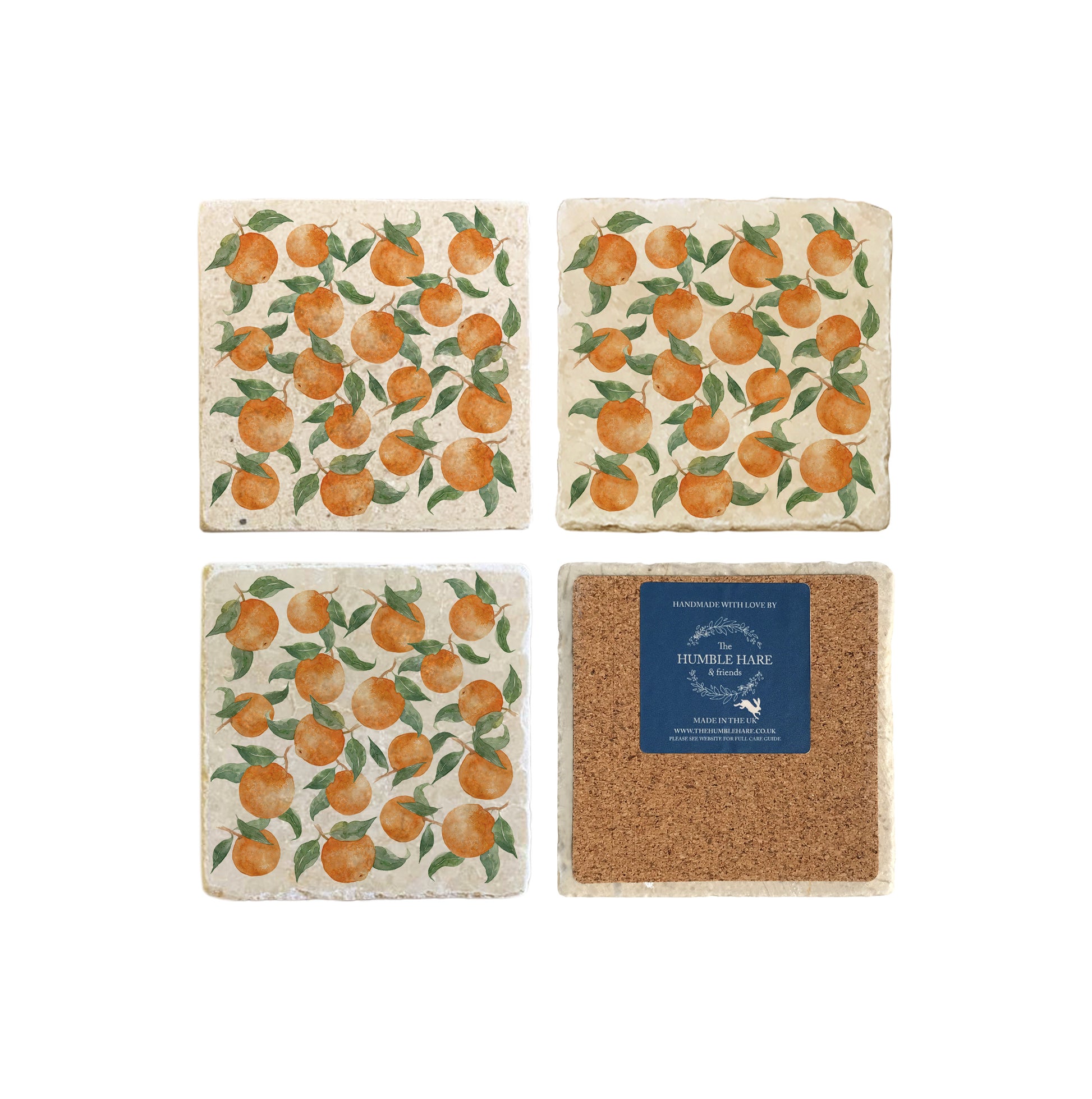 A set of 4 square marble coasters, featuring a maximalist watercolour orange pattern. One coaster is flipped to show that the coasters are backed with cork.