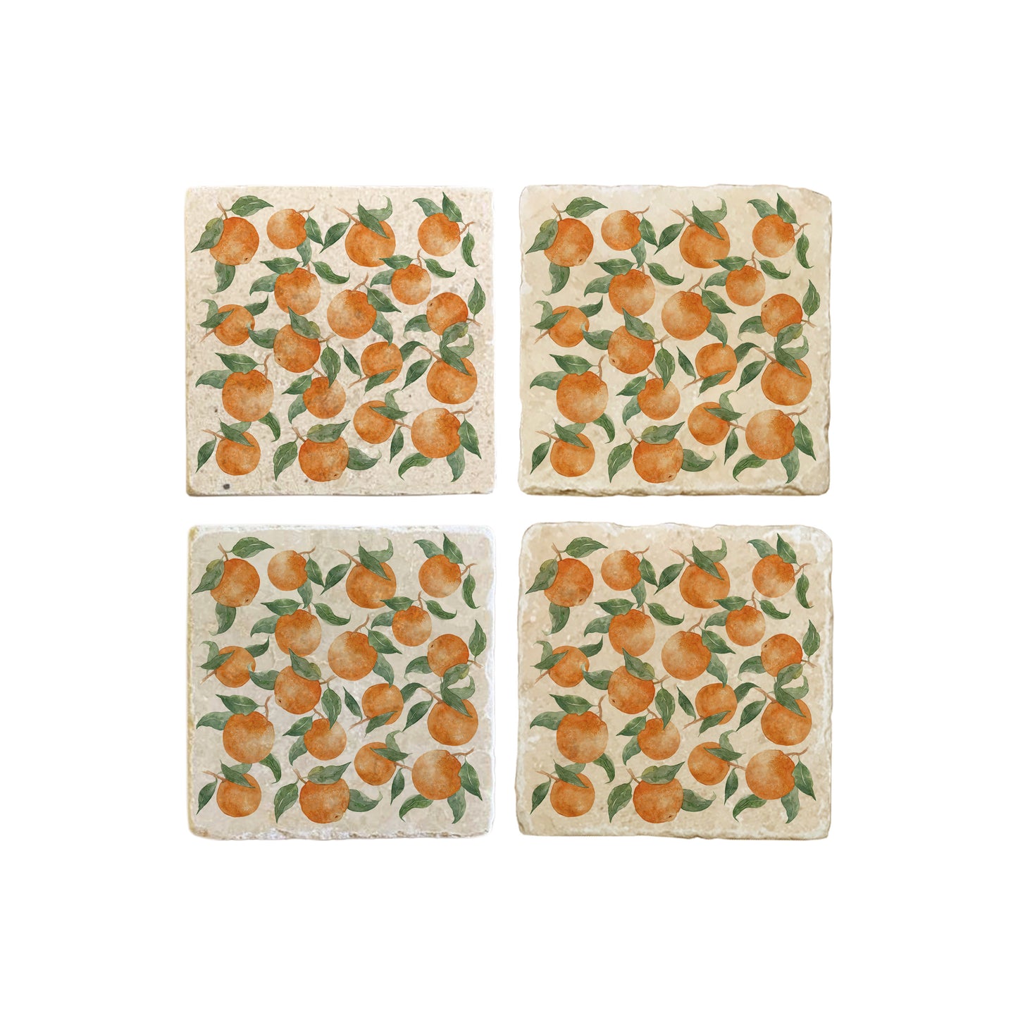 A set of 4 square marble coasters, featuring a maximalist watercolour orange pattern.