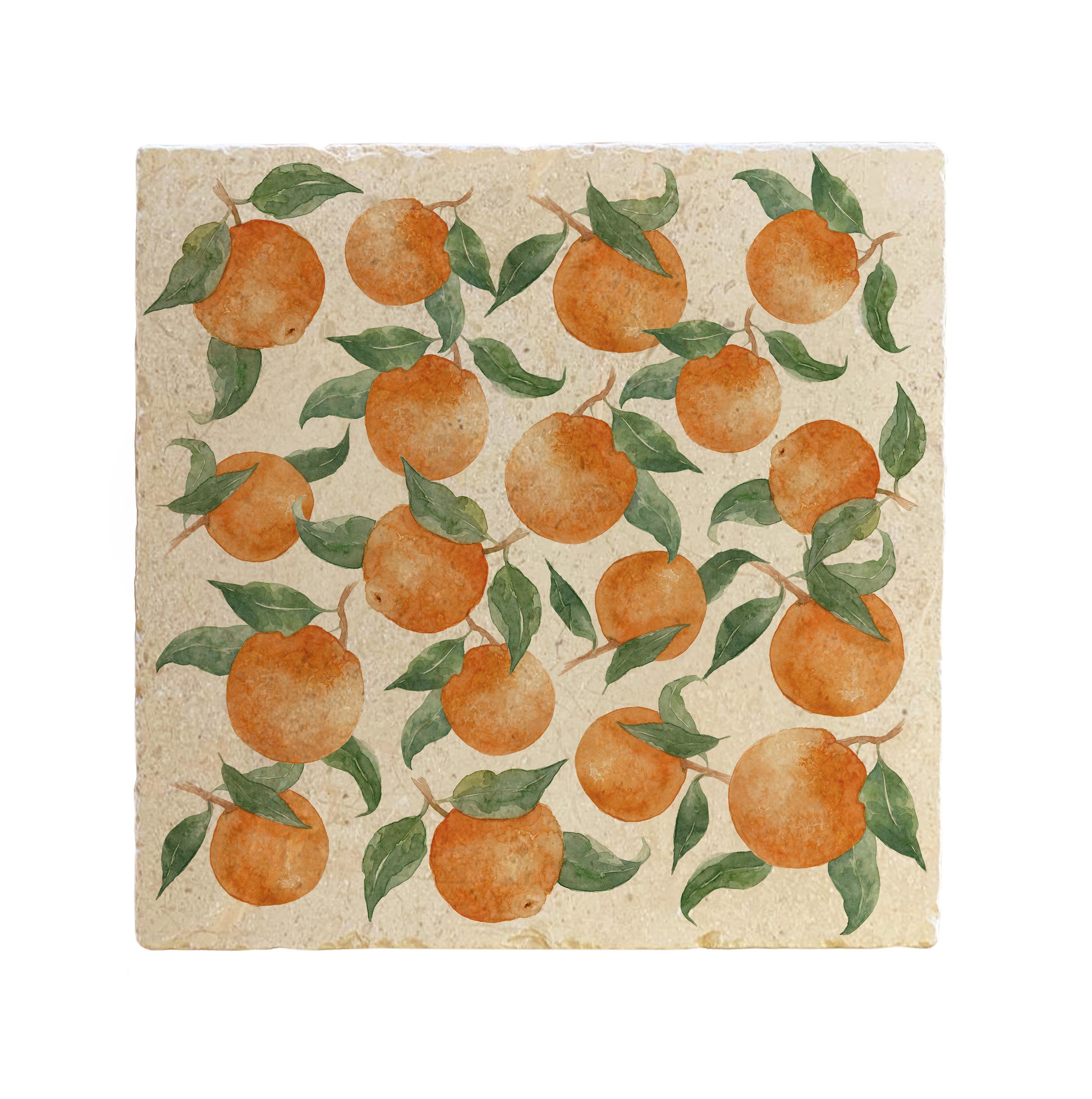 A large multipurpose marble platter with a watercolour pattern of tumble Mediterranean oranges and leaves.