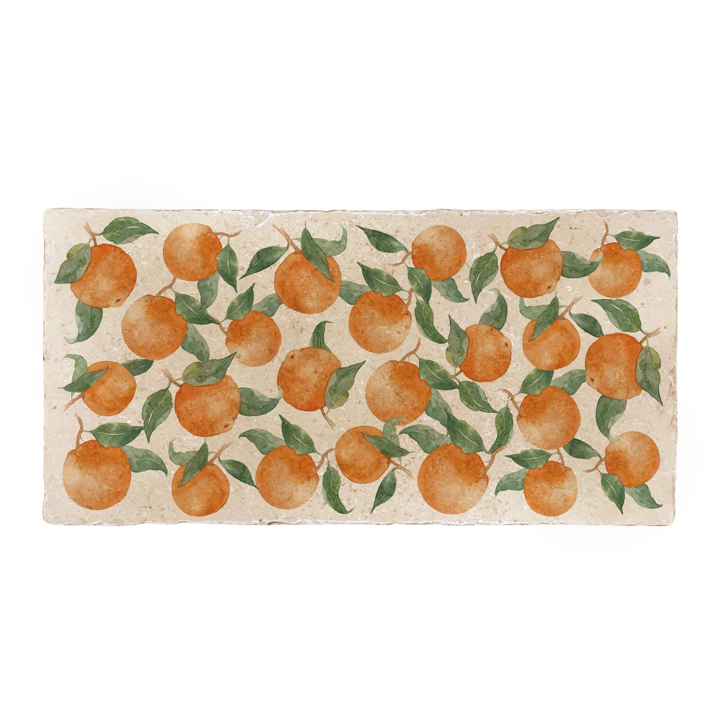 A rectangular marble sharing platter, featuring a maximalist watercolour orange pattern.