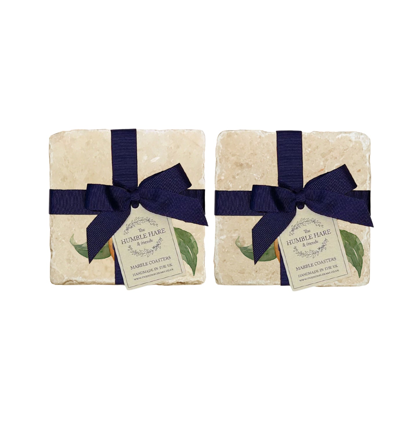 A set of 4 handmade marble coasters featuring a single watercolour orange, packaged in 2 pairs, with a luxurious blue bow and gift tag.